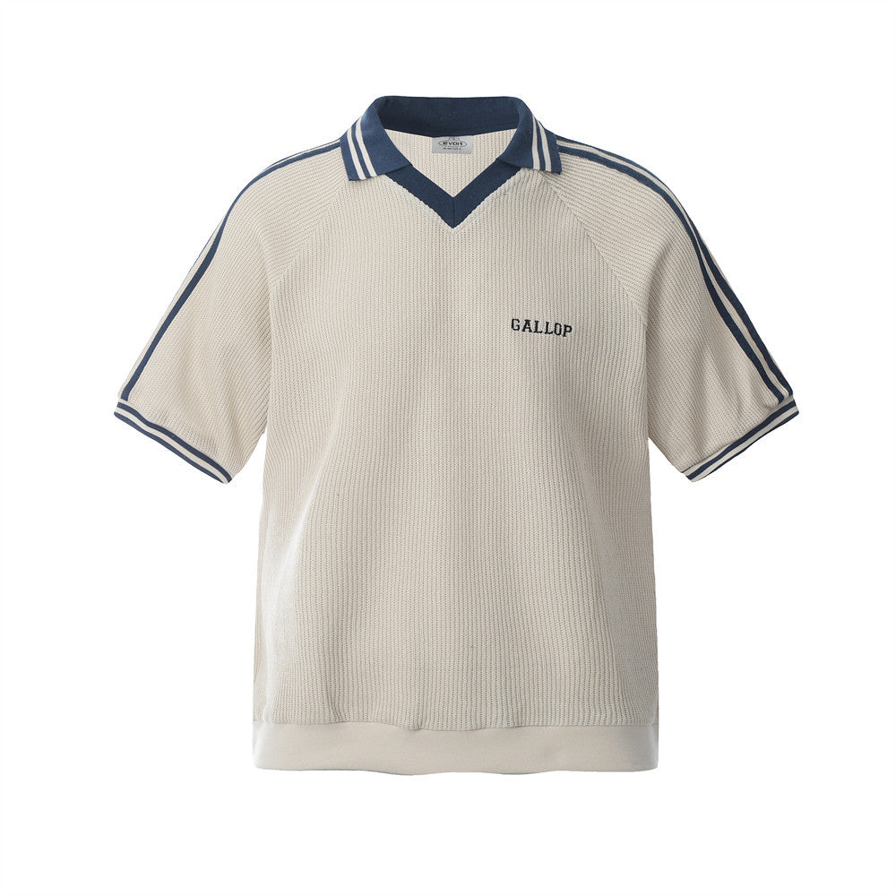 Summer Men's Polo Shirt Spliced Stripe Three-Stripes V-Neck Flip Collar Short Sleeve T-Shirt High Street Trendy Loose Top