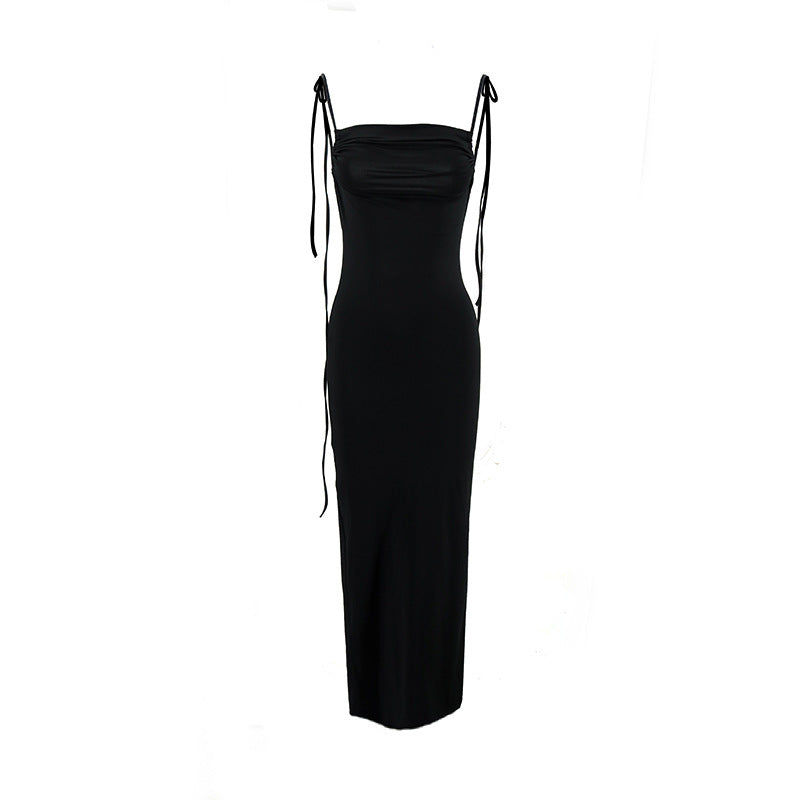Backless suspender hip hugging long solid color dress