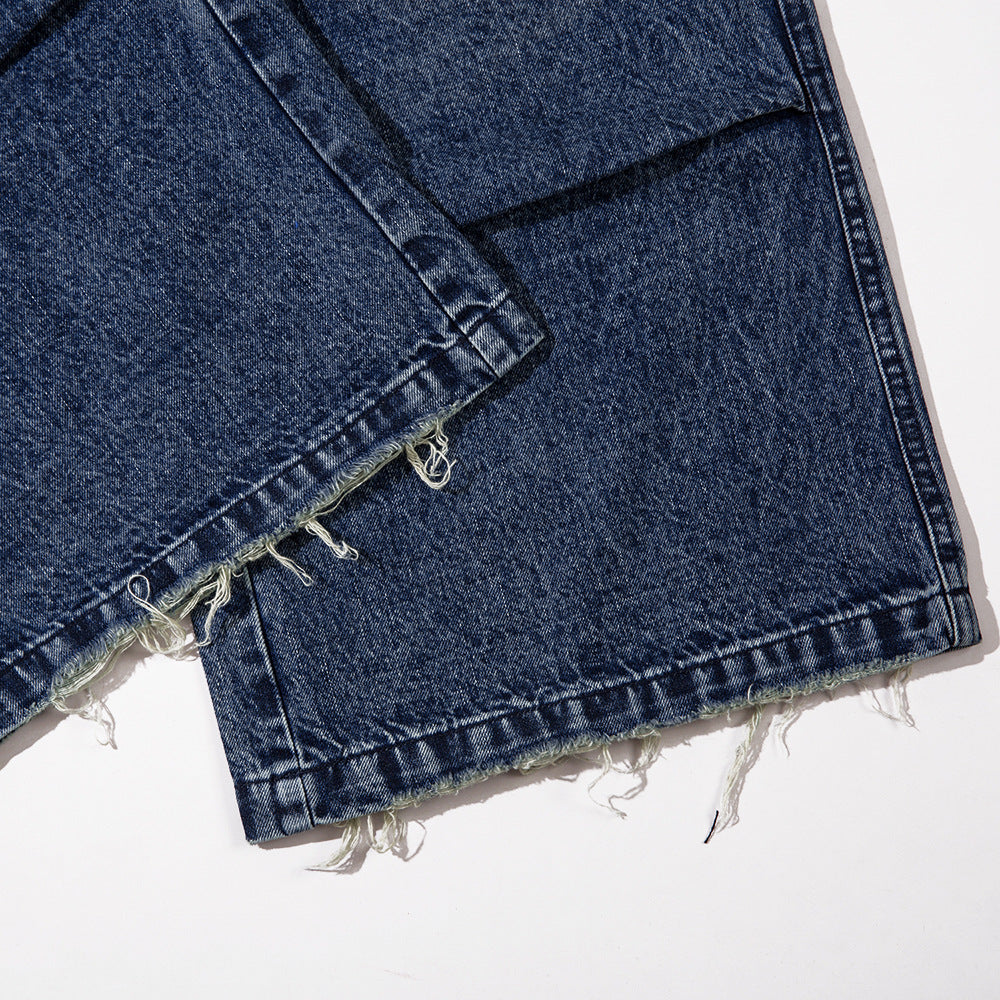 Printed Faded Workwear Denim Long Pants Men Oversize Hip Hop Trendy Pleated Frayed Loose Wide Leg Straight Trousers