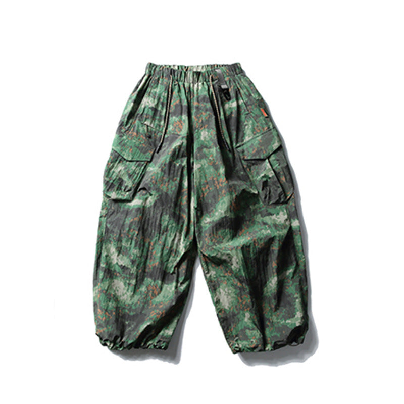 High Street Workwear Wide-Leg Camouflage Pants Men's Long Pants Design Pleated Tie-Dye Camouflage Drawstring Cuffed Trousers Trendy