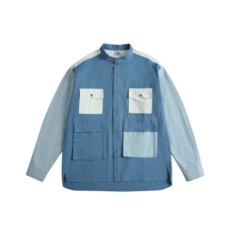 Color blocked pocket shirt men's loose casual shirt