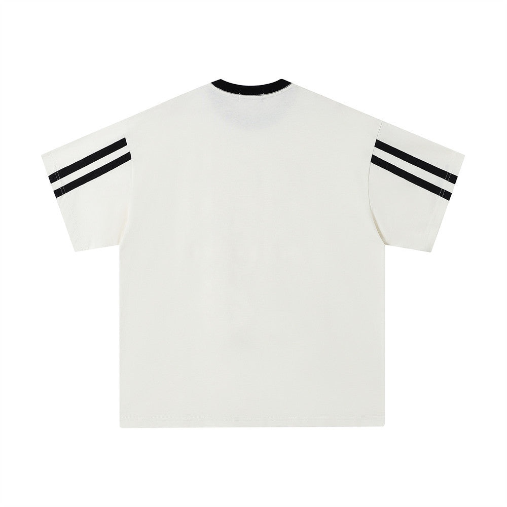 Creative Personality Digital Print Short Sleeve T-Shirt European and American Trendy INS Summer Men's Spliced Stripe Round Neck Three-Quarter Sleeve