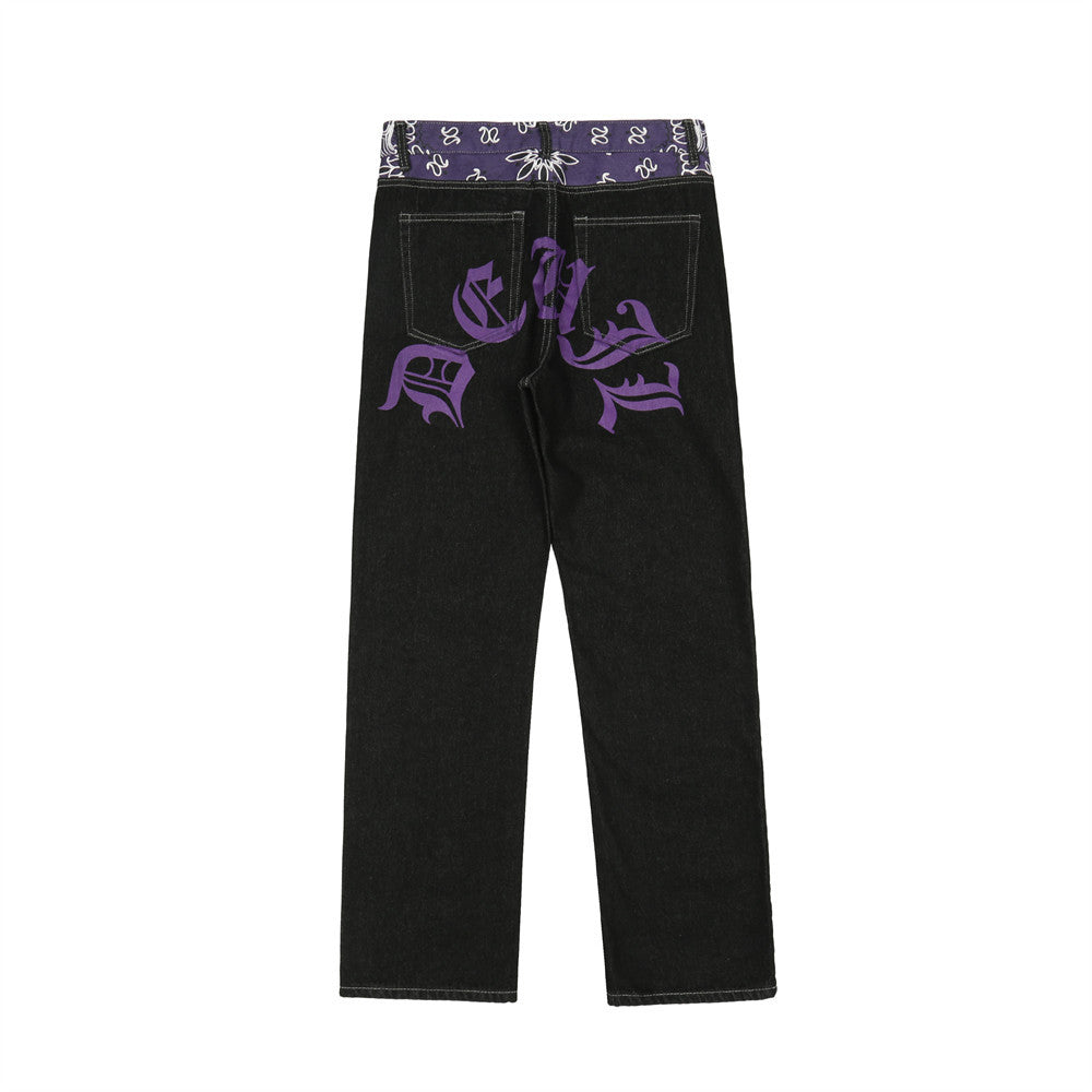 Letter Print Color Block Splicing Denim Pants Men's Loose Straight Leg Long Trousers Trendy Casual Pants