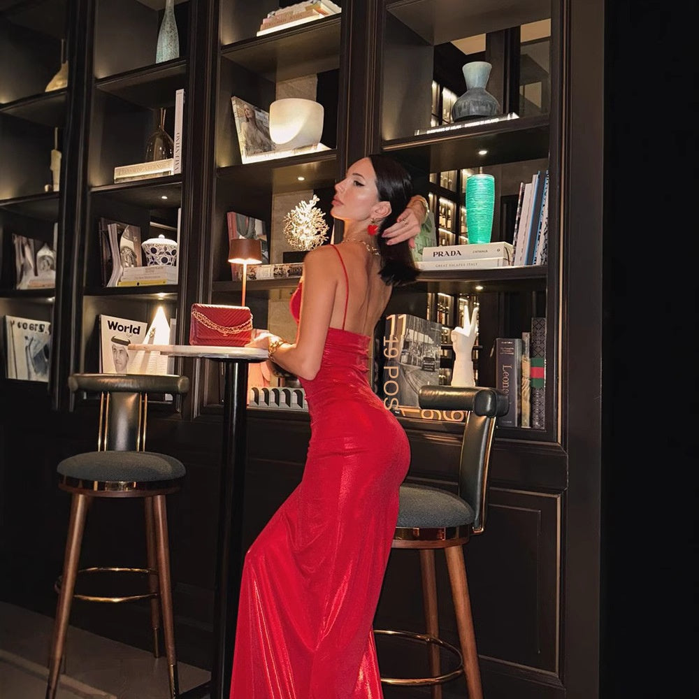 Sleeveless camisole dress slim fit solid color hip hugging evening gown