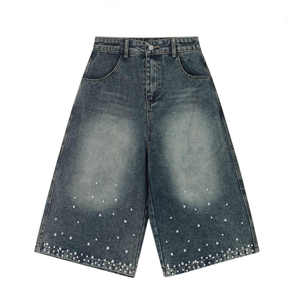 Unique Design Beaded Straight Jeans Shorts Individual Color Clash Faded Washed Five-Point Pants High Street Fashion Men's Clothing
