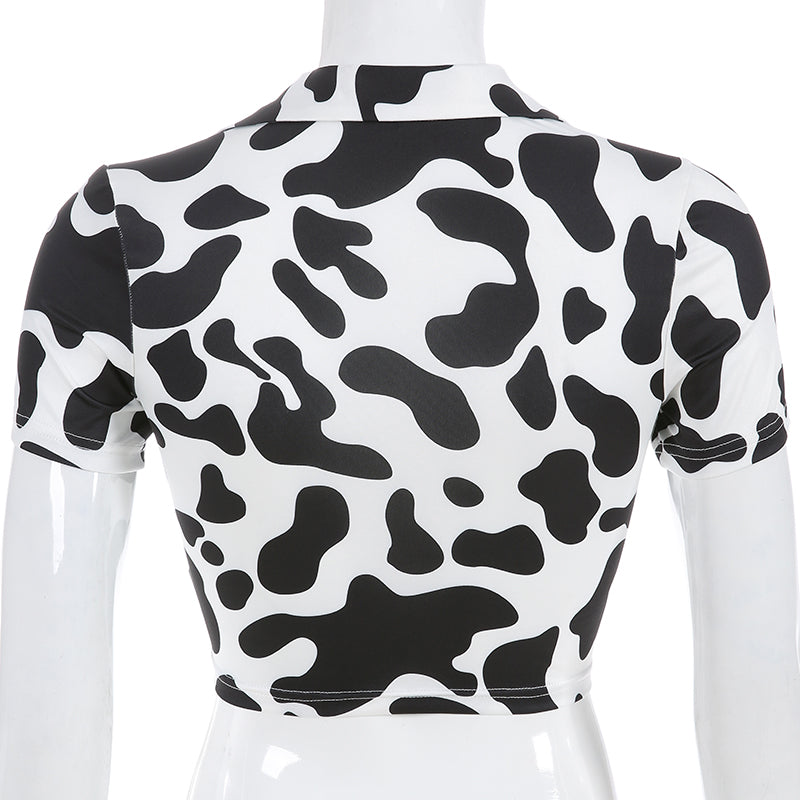 Animal Print Kawaii Cropped Feminino Tshirt Women Korean Style V Neck Cow T Shirts