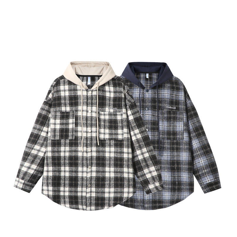 Fake two checkered hooded men's shirts