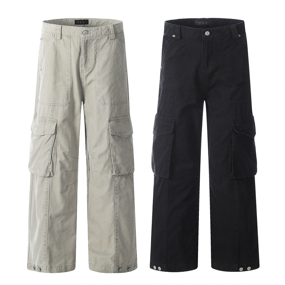 High Street Wide-Leg Work Pants Men's Vibe Trendy Pleated Multi-Pocket Design Solid Color Loose Straight Leg Long Pants