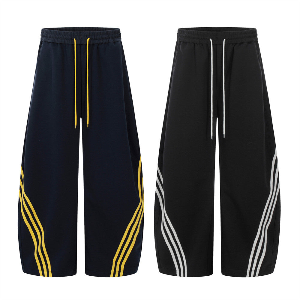 Color Block Three-Stripes Curved Knife Casual Pants Men's INS Trendy Design Sporty Loose Wide-Leg Long Pants