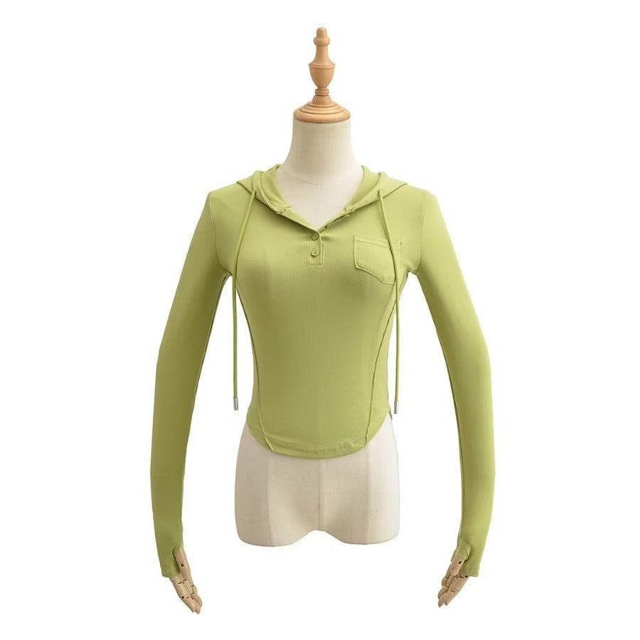 Fashion Women's New Solid Color Curved Tight Coat Hoodie Drawstring Pocket Hoodie