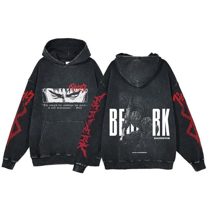 American retro washed hoodie for men and women, hip-hop sword style legendary dark print hoodie, vintage hoodie