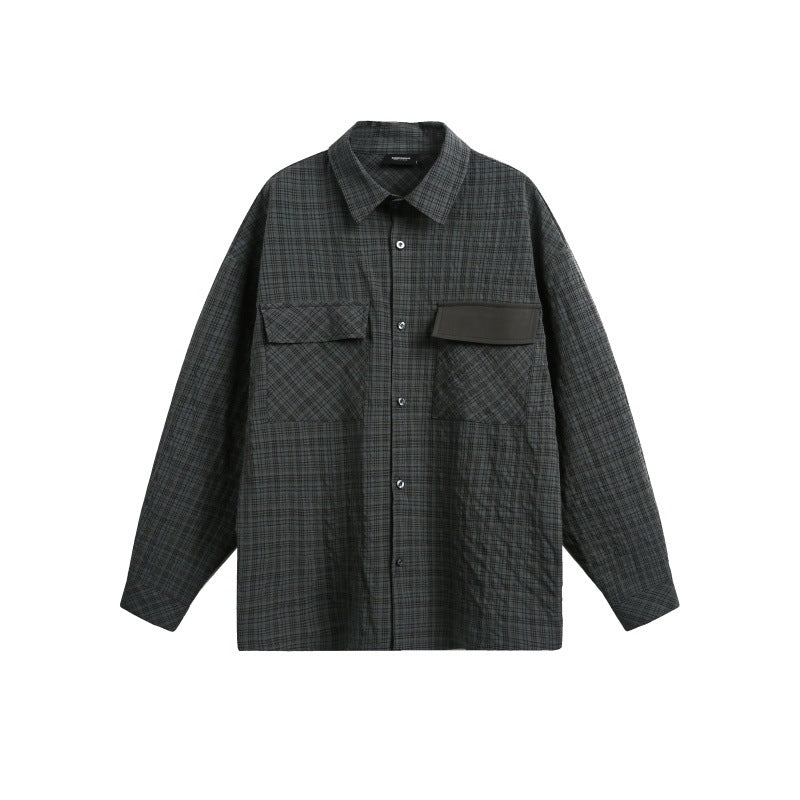 Color blocking plaid long sleeved shirt for men