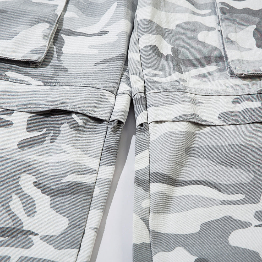 Camouflage Work Wide-Leg Pants Men's Vibe Style Flared Trousers High Street American Casual Loose Pocket Long Pants