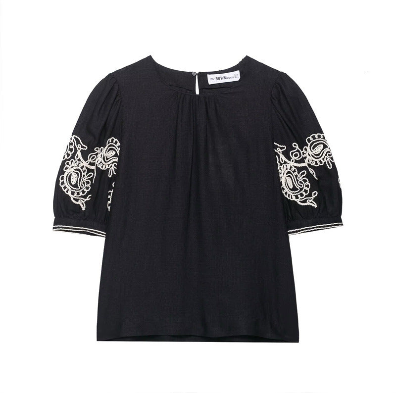 Summer New Style Women's Fashion Casual Short Sleeve Embroidered Top Wide Leg Pants