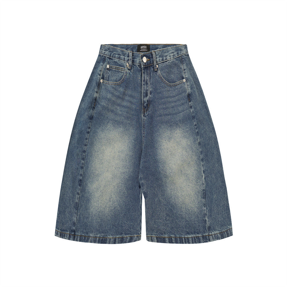 Punk Washed Distressed Denim Shorts Men's Loose Wide-Leg Daily Casual Pants Deconstructed Patchwork Straight Leg Knee-Length Pants