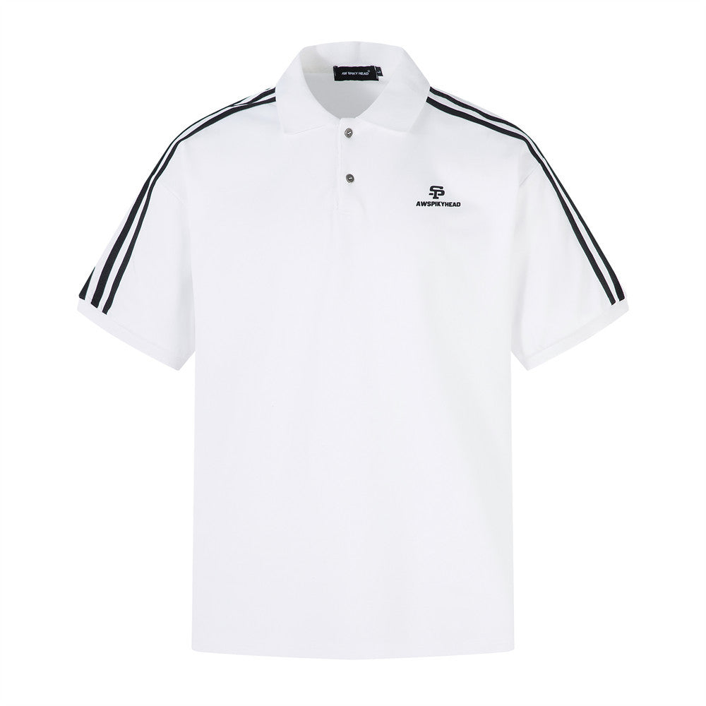 Three Stripes Sports Polo Shirt Men's Summer INS European and American Trend Splicing Loose Casual Turn-down Collar Short Sleeve T-Shirt