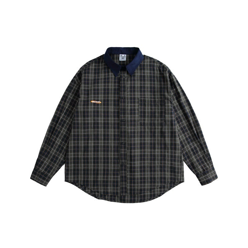 Color blocking collar plaid loose casual shirt