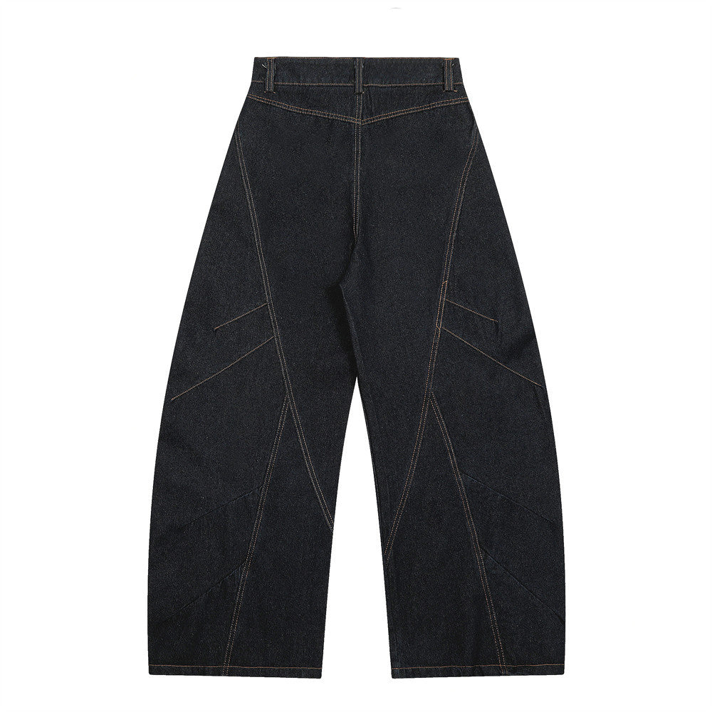 Multi-Button Decorative Slant Knife Denim Pants Men's High Street Loose Design Topstitching Wide Leg Long Trousers
