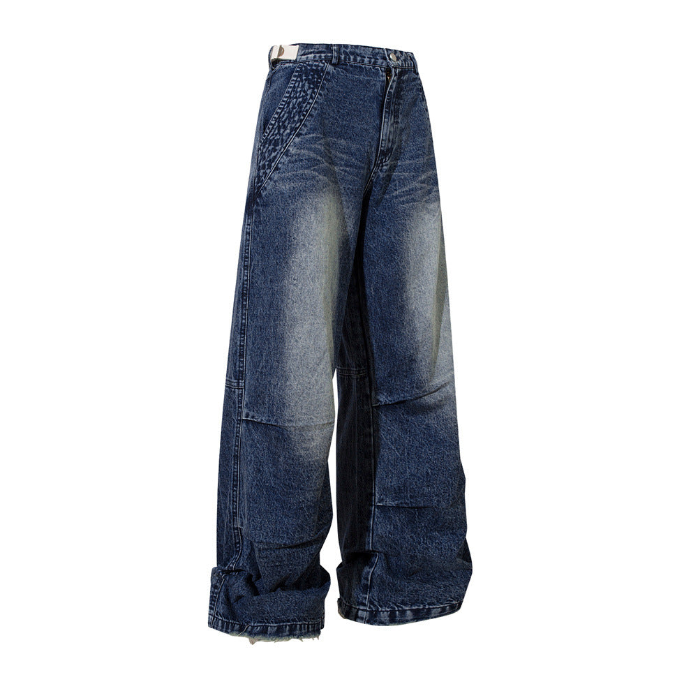 Printed Faded Workwear Denim Long Pants Men Oversize Hip Hop Trendy Pleated Frayed Loose Wide Leg Straight Trousers