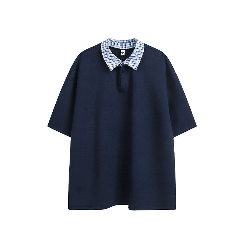 Checkered patchwork lapel fake two loose half sleeved polo shirts