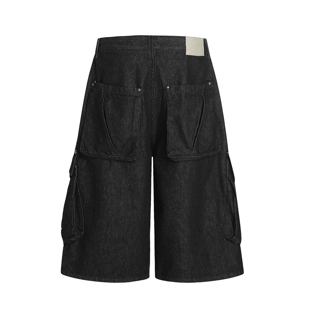 Loose Workwear Denim Shorts Men High Street Fashion 3D Large Pocket Design Solid Color Casual Wide-Leg Five-Point Pants