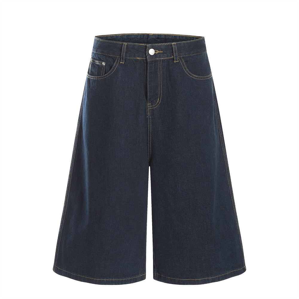 Embroidered Denim Shorts with Letter Pattern for Men, Loose Fit, Casual Washed Straight Leg Mid-Length Pants