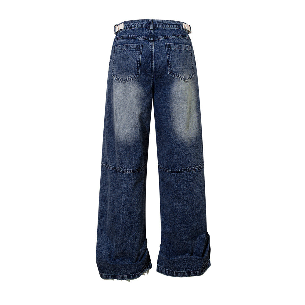Printed Faded Workwear Denim Long Pants Men Oversize Hip Hop Trendy Pleated Frayed Loose Wide Leg Straight Trousers