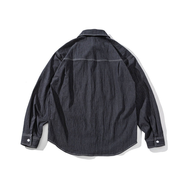 Color blocked bright thread long sleeved loose shirt