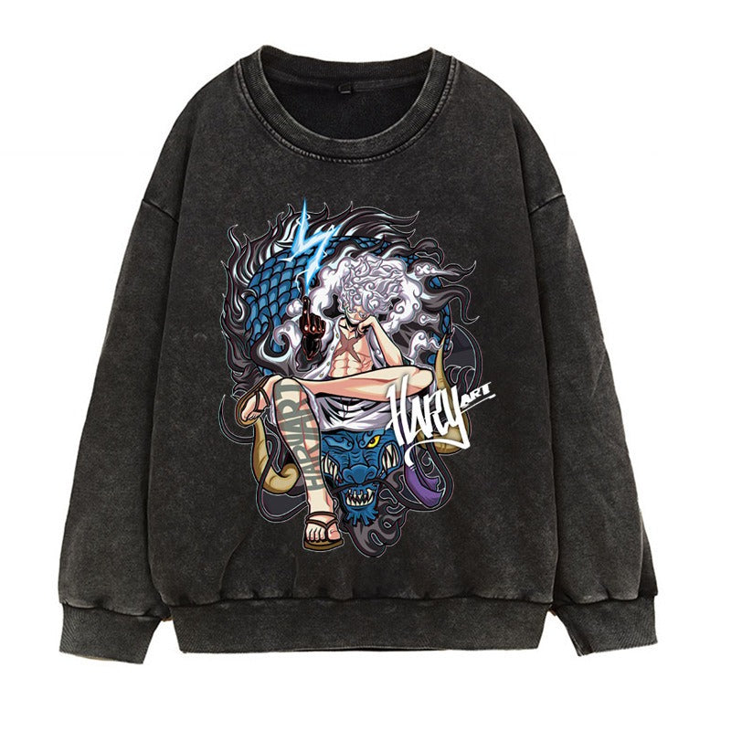 Washed retro distressed hoodie in Japanese Manica form, fifth grade Luffy Gear 5 anime print round neck top