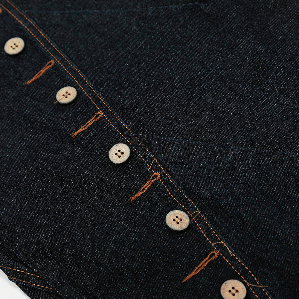 Multi-Button Decorative Slant Knife Denim Pants Men's High Street Loose Design Topstitching Wide Leg Long Trousers
