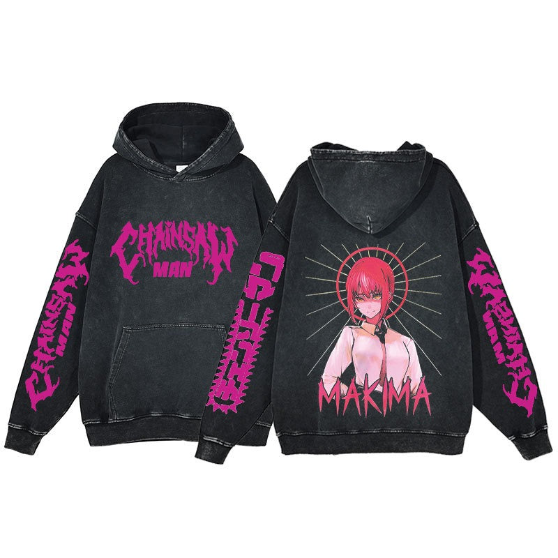 American retro washed hoodie for men and women, hip-hop chain sawman anime, dark hoodie, distressed hoodie