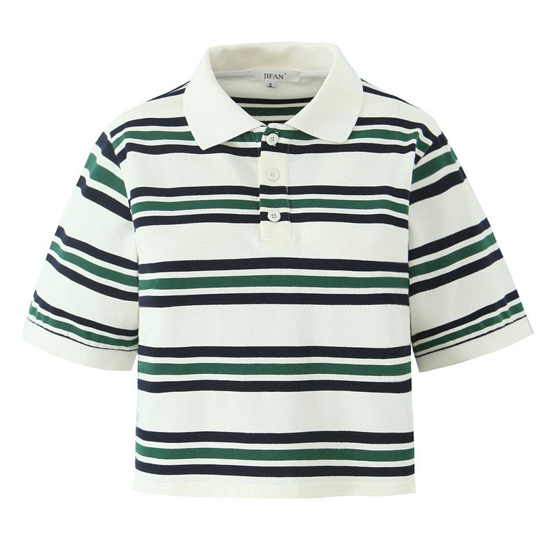 Summer New Women's Style Striped Polo Collar Loose T-Shirt Top
