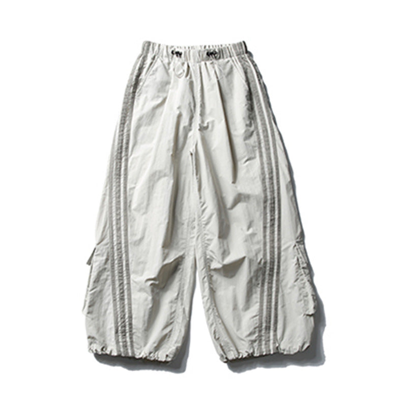 Multi-Pocket Work Pants Men's Long Trousers Vibe High Street Side Stripes Three Bars Wide Leg Loose Parachute Pants
