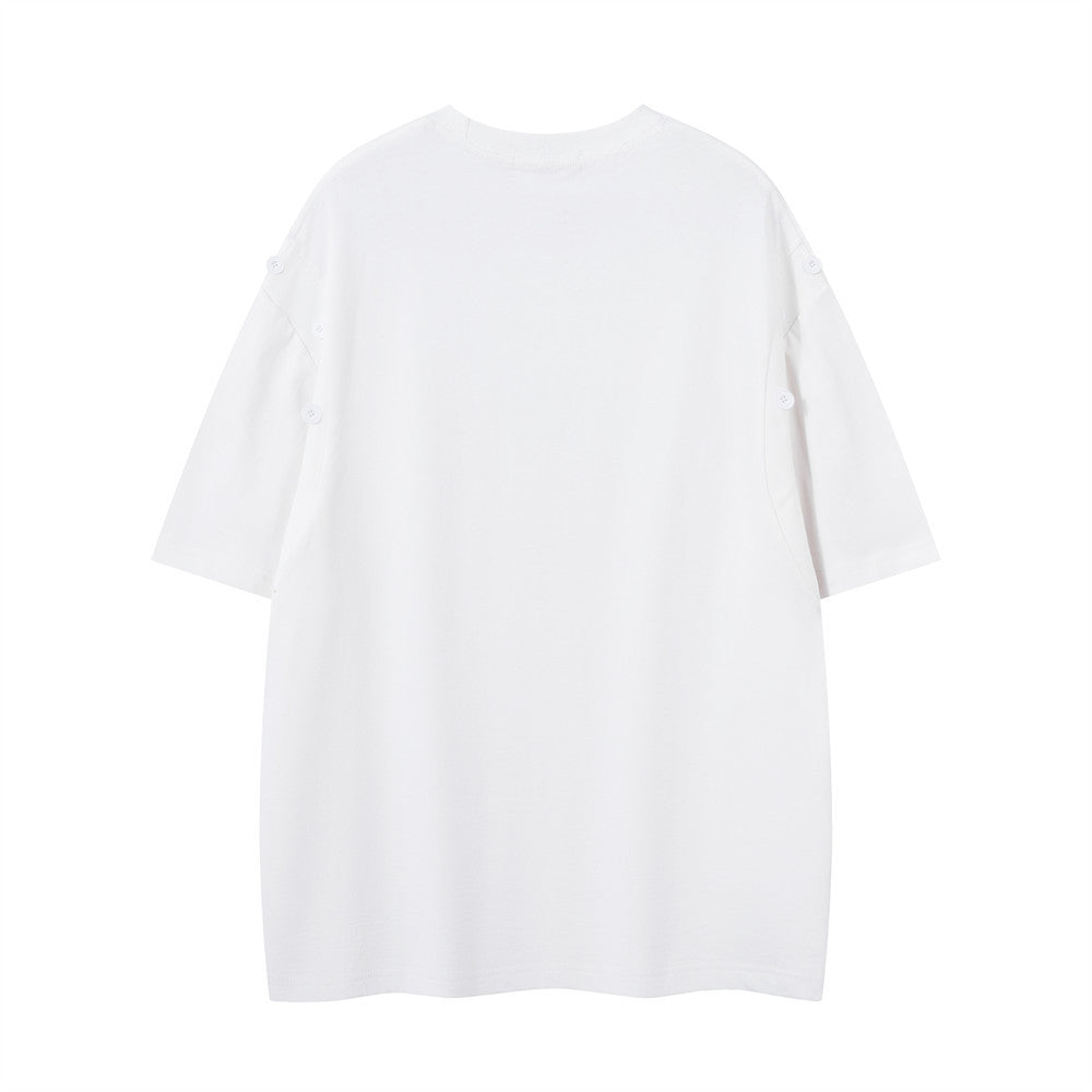 Fake Two-Piece Button Short Sleeve T-Shirt Men's Loose Street Letter Print Round Neck Three-Quarter Sleeve Top