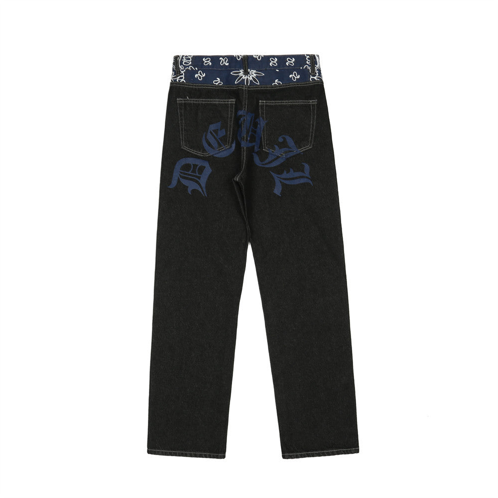 Letter Print Color Block Splicing Denim Pants Men's Loose Straight Leg Long Trousers Trendy Casual Pants