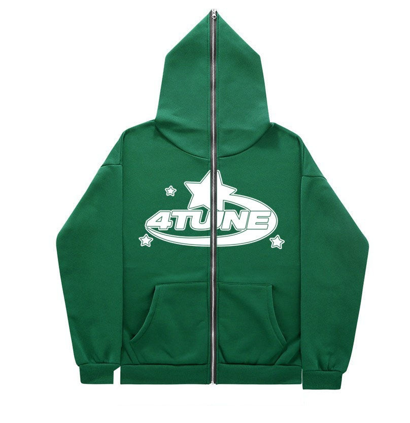 Full face zippered plush hoodie with a hat, American retro Y2K hoodie, men's casual jacket, men's