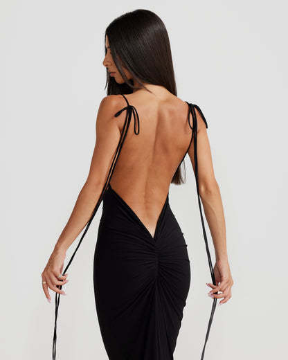 Backless suspender hip hugging long solid color dress