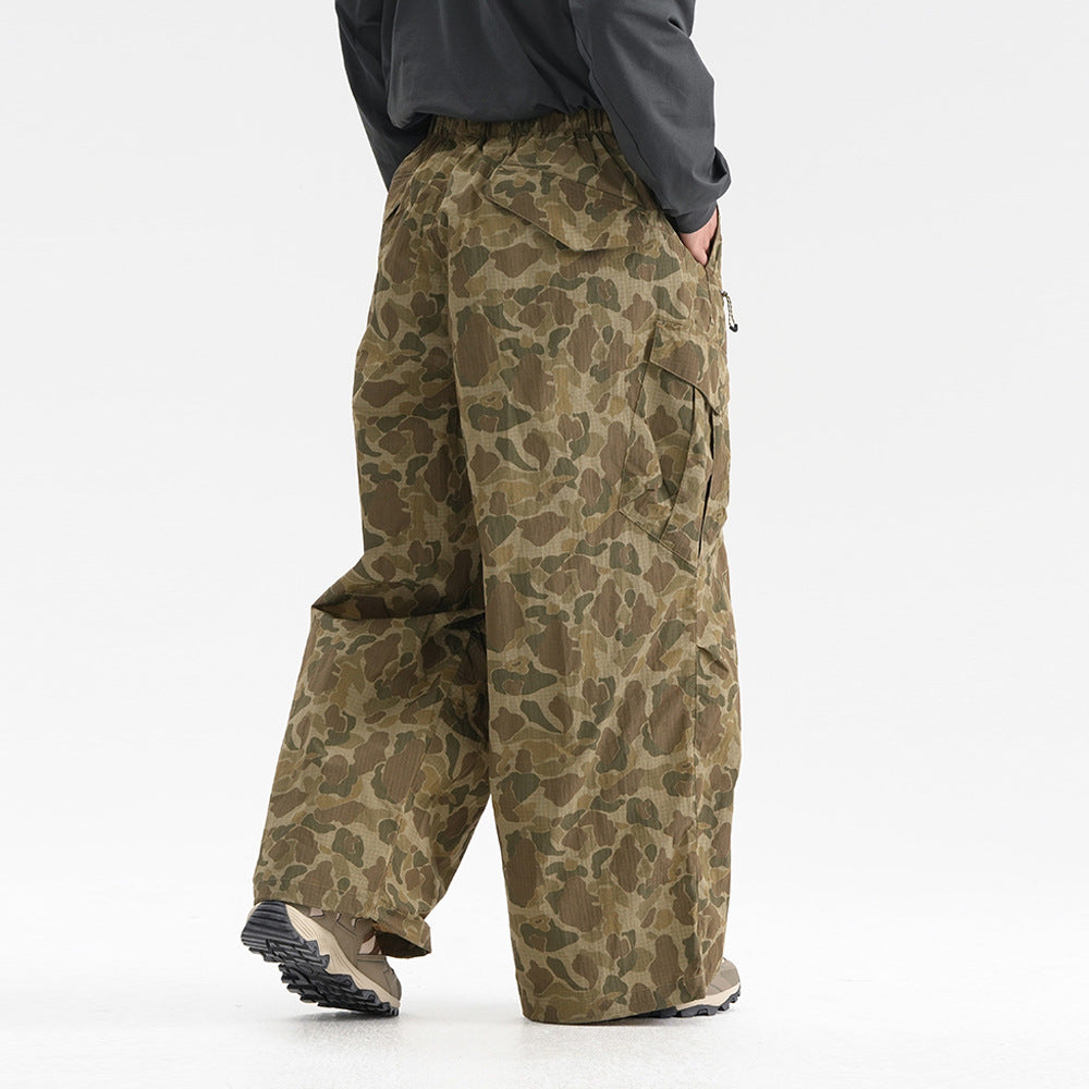 High Street Workwear Wide-Leg Camouflage Pants Men's Long Pants Design Pleated Tie-Dye Camouflage Drawstring Cuffed Trousers Trendy