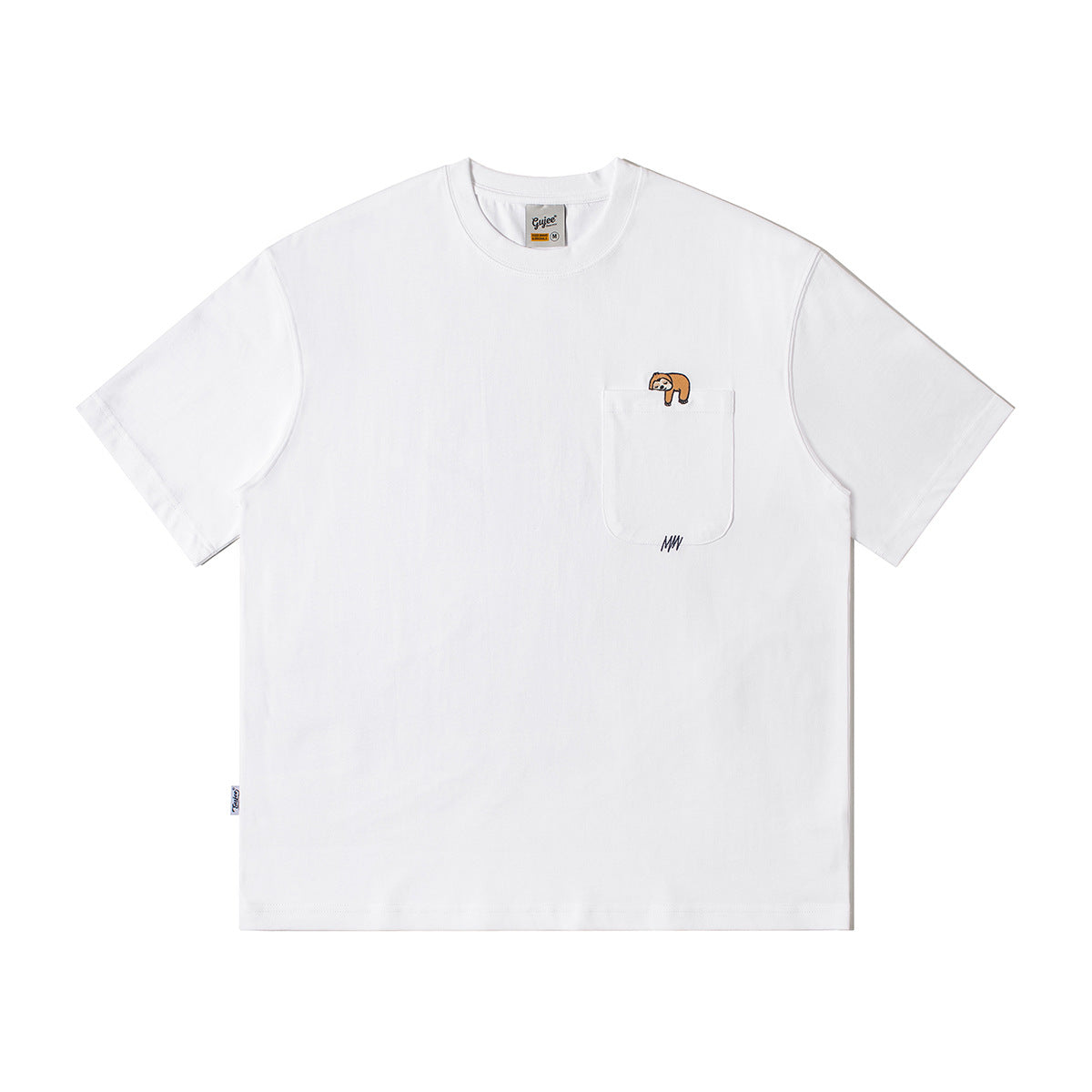 Cartoon embroidered pocket round neck men's loose short sleeved shirt