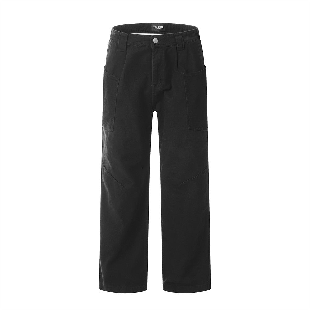 High Street Workwear Denim Long Pants Men's Loose Flared Trousers with Large Pockets Wide Leg Floor-Length Pants Trendy