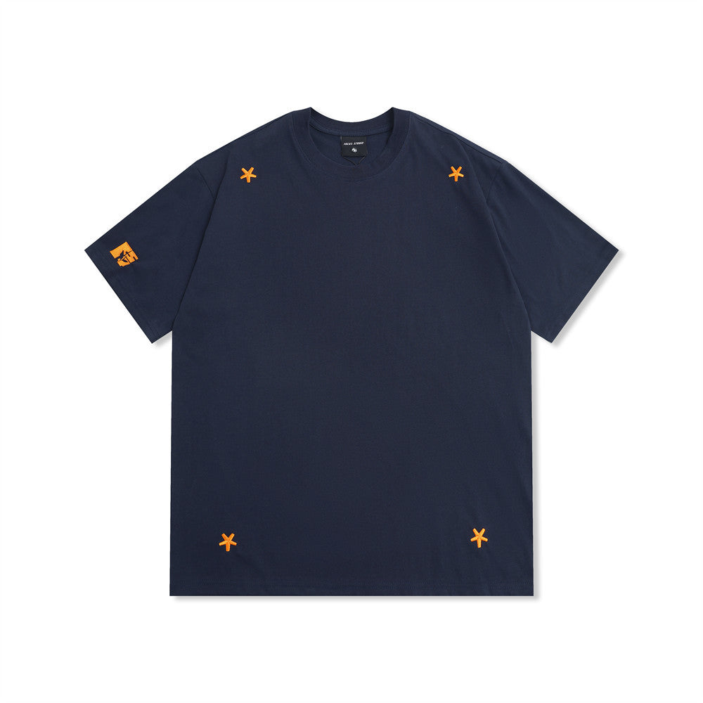 Street Style Star Embroidery Casual T-Shirt Men's Loose Round Neck Short Sleeve Top
