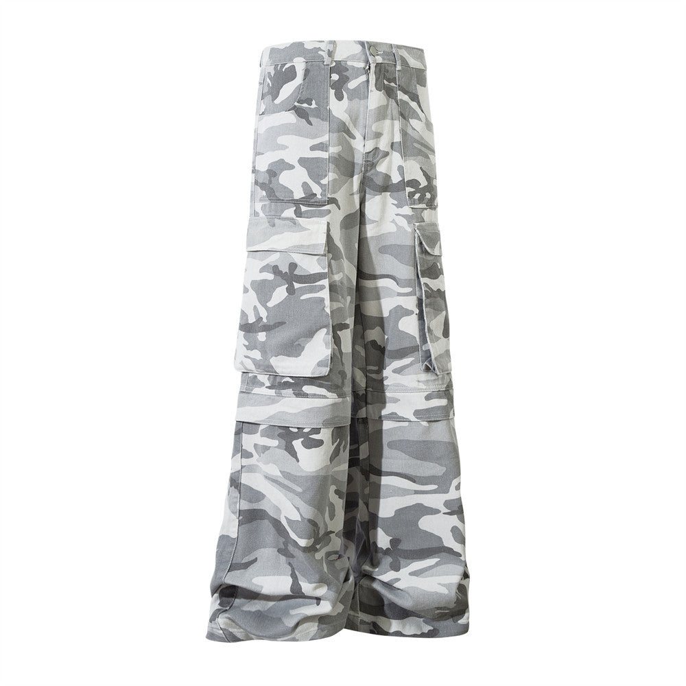 Camouflage Work Wide-Leg Pants Men's Vibe Style Flared Trousers High Street American Casual Loose Pocket Long Pants