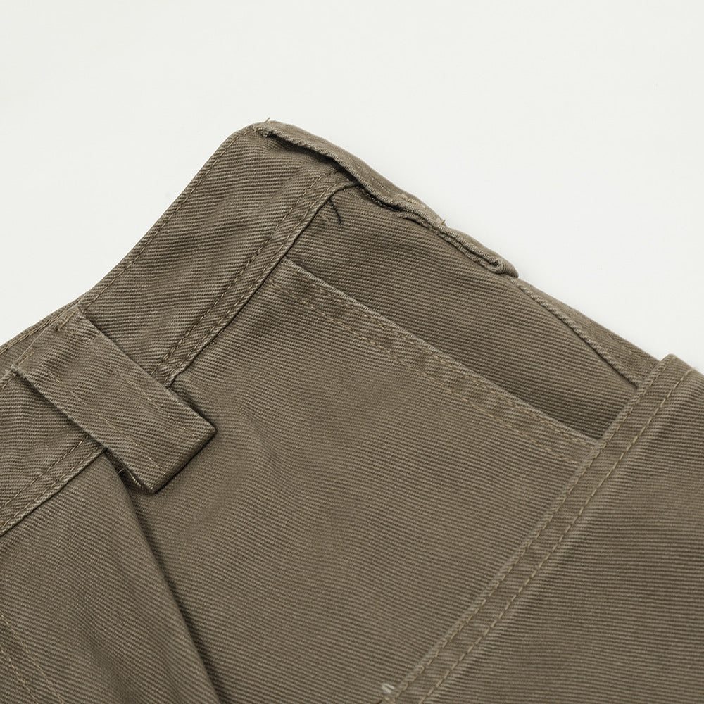 High Street Workwear Denim Long Pants Men's Loose Flared Trousers with Large Pockets Wide Leg Floor-Length Pants Trendy