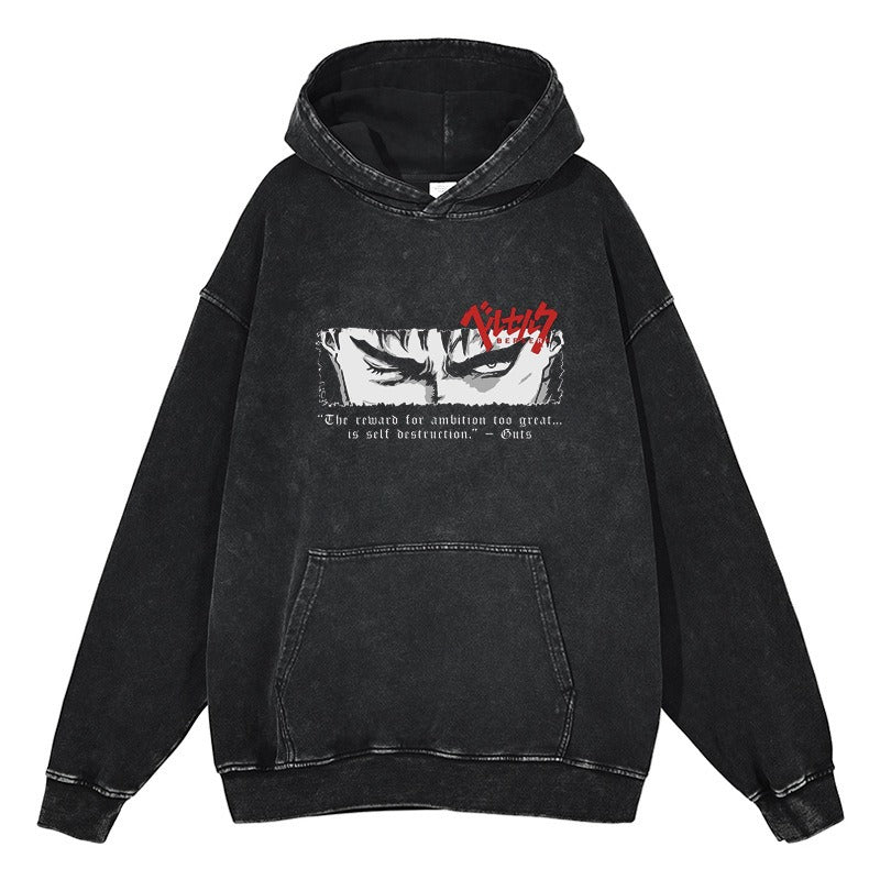 American retro washed hoodie for men and women, hip-hop sword style legendary dark print hoodie vintage hoodie
