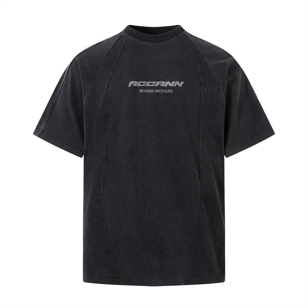 Simple Embroidered Letter Cotton Short Sleeve T-Shirt Men's INS Trendy American Heavy Work Segmentation Splicing Faded Washed Tee