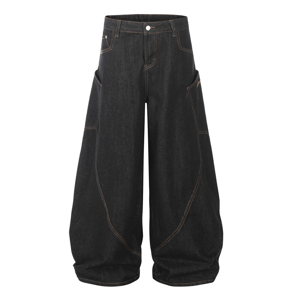 Loose Wide-Leg Denim Trousers Men's Hip-Hop Trendy Design Deconstructed Patchwork Topstitching Cargo Long Pants