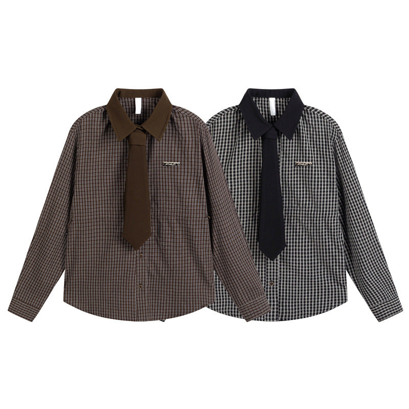 Cardigan with tie plaid men's and women's shirt