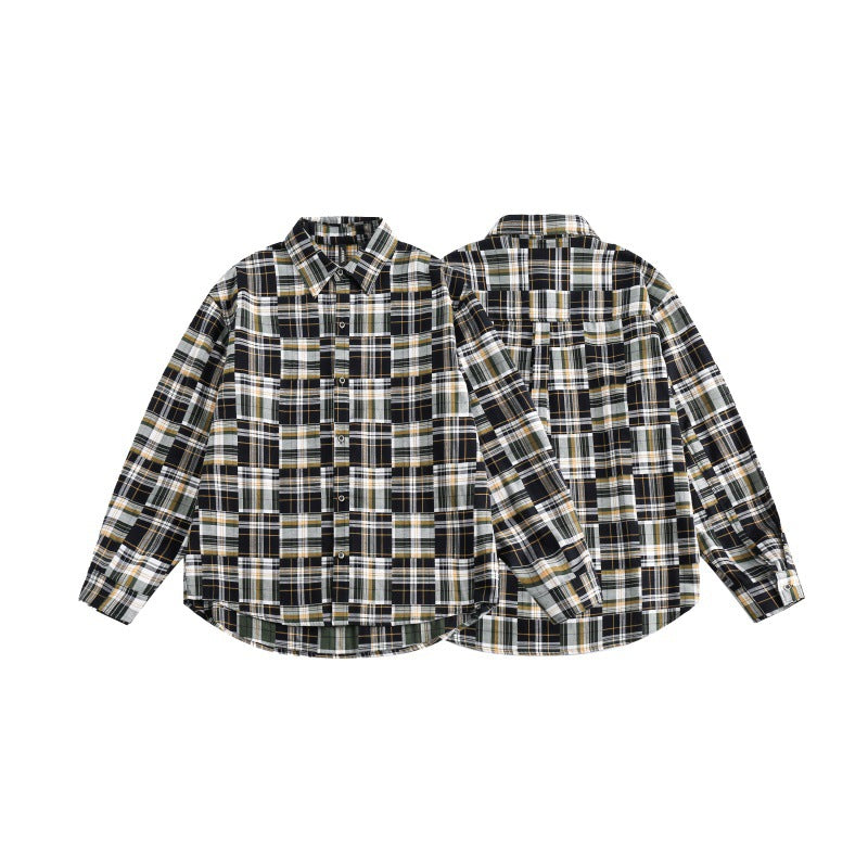 Color blocked checkered long sleeved loose casual shirt