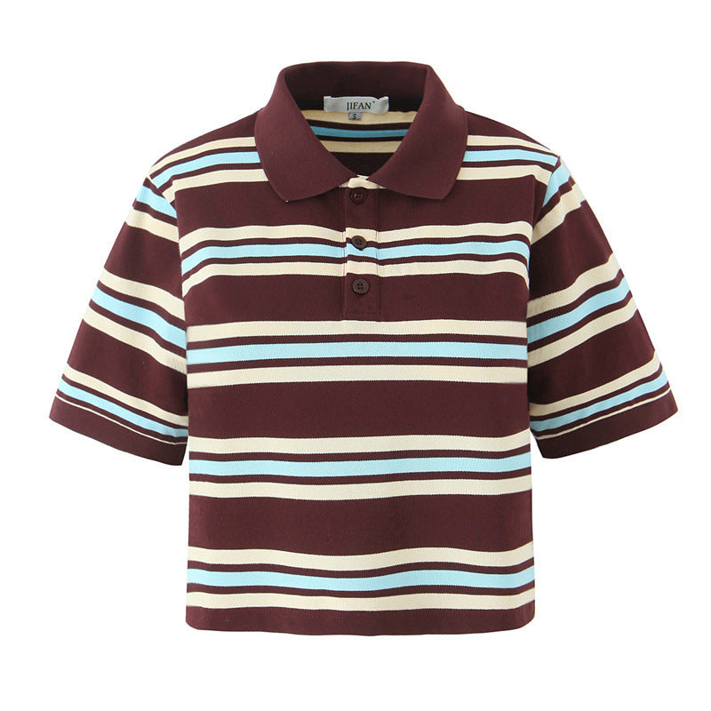 Summer New Women's Style Striped Polo Collar Loose T-Shirt Top