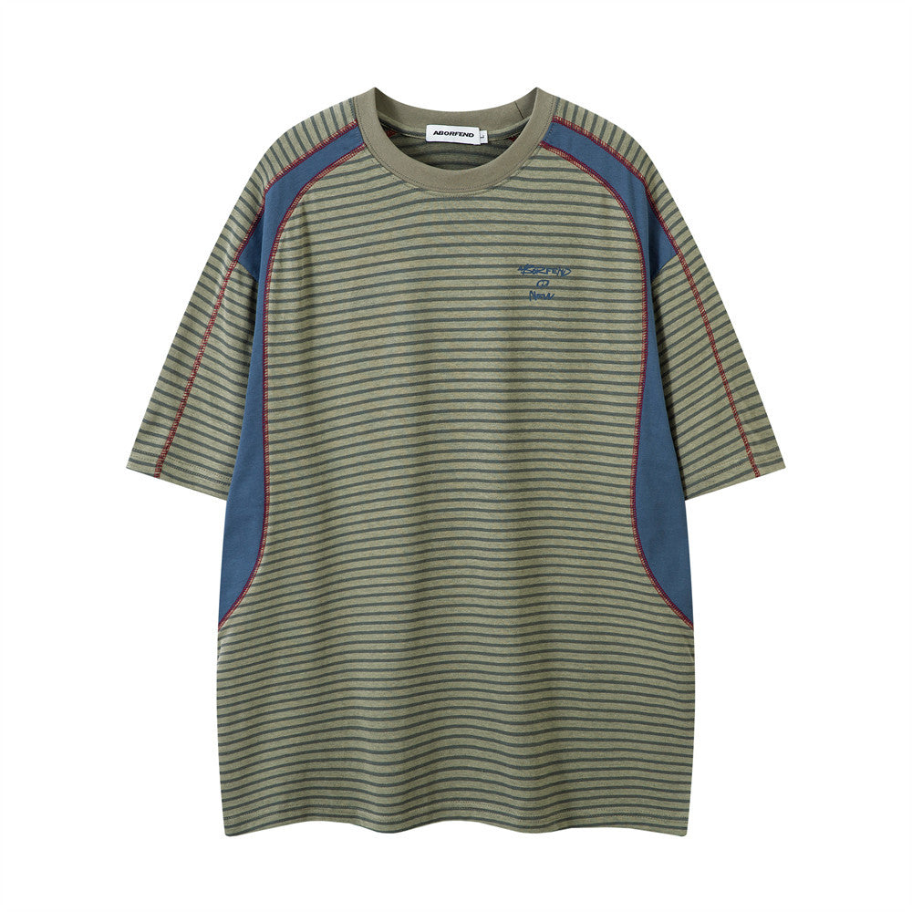 Spliced Deconstructed Color-Blocked Striped Short-Sleeved T-Shirt Men's Loose Street Trend Casual Round Neck Half-Sleeve Top